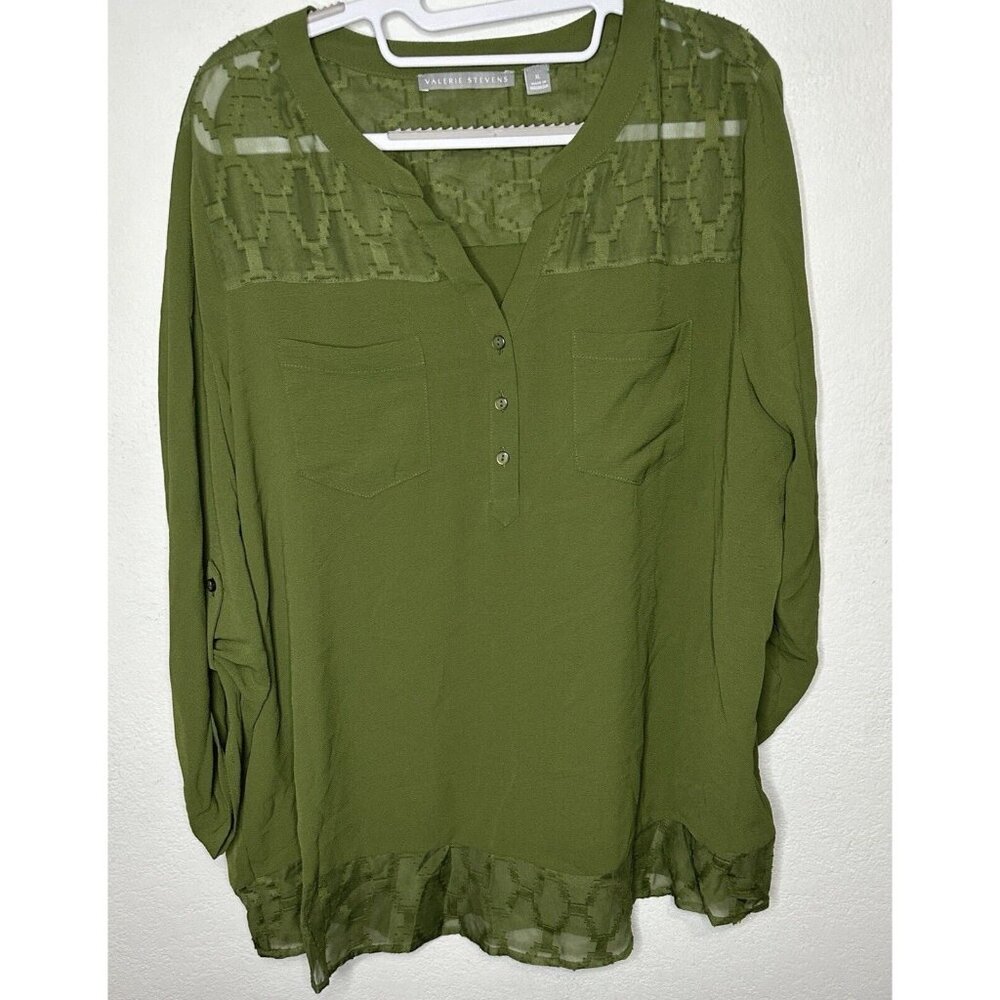 Valerie Stevens Cypress Green Long Sleeve Blouse Shirt Size XL
